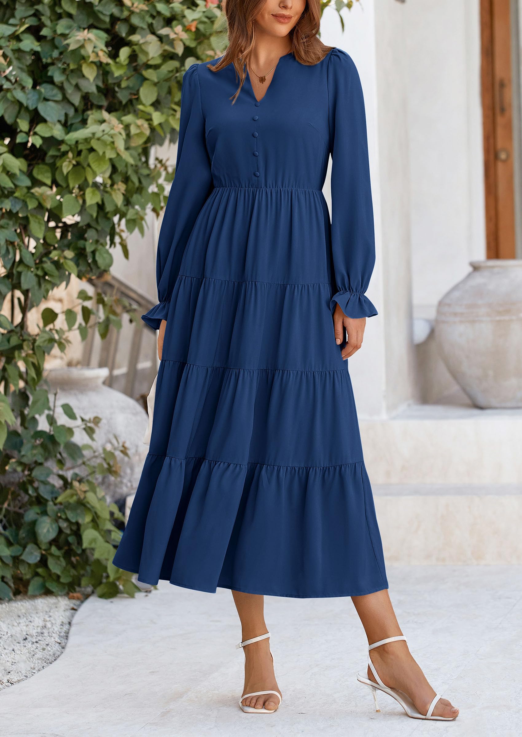 PRETTYGARDEN Women Fall Long Sleeve Smocked Maxi Dress Casual Square Neck Swiss Dot Tiered Ruffle Flowy Spring Pocket Dresses