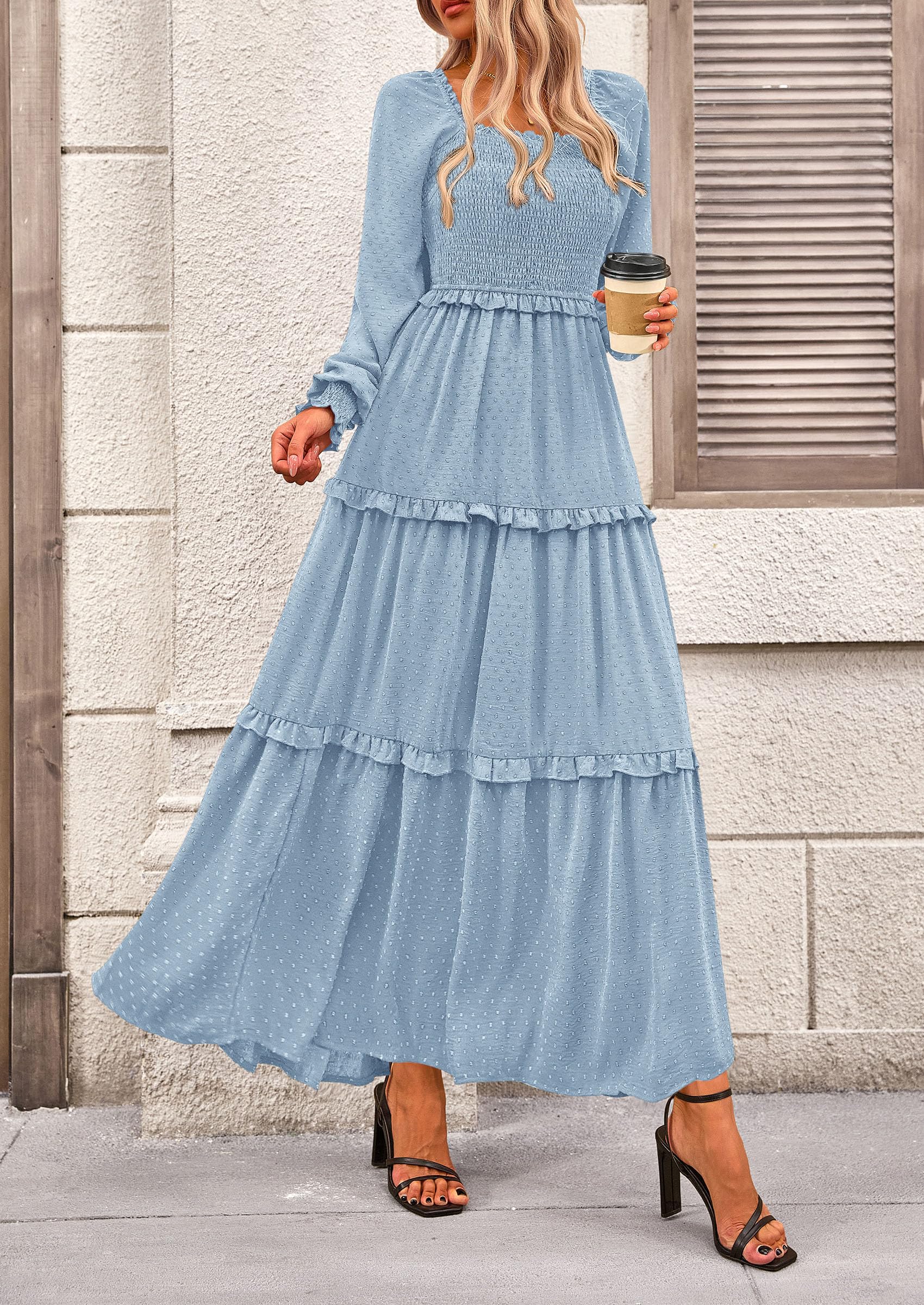 PRETTYGARDEN Women Fall Long Sleeve Smocked Maxi Dress Casual Square Neck Swiss Dot Tiered Ruffle Flowy Spring Pocket Dresses