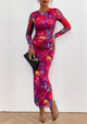 Women's Bodycon Maxi Dress Fall Fashion Long Sleeve Floral Print Tight Fitted Party Club Ruched Dresses