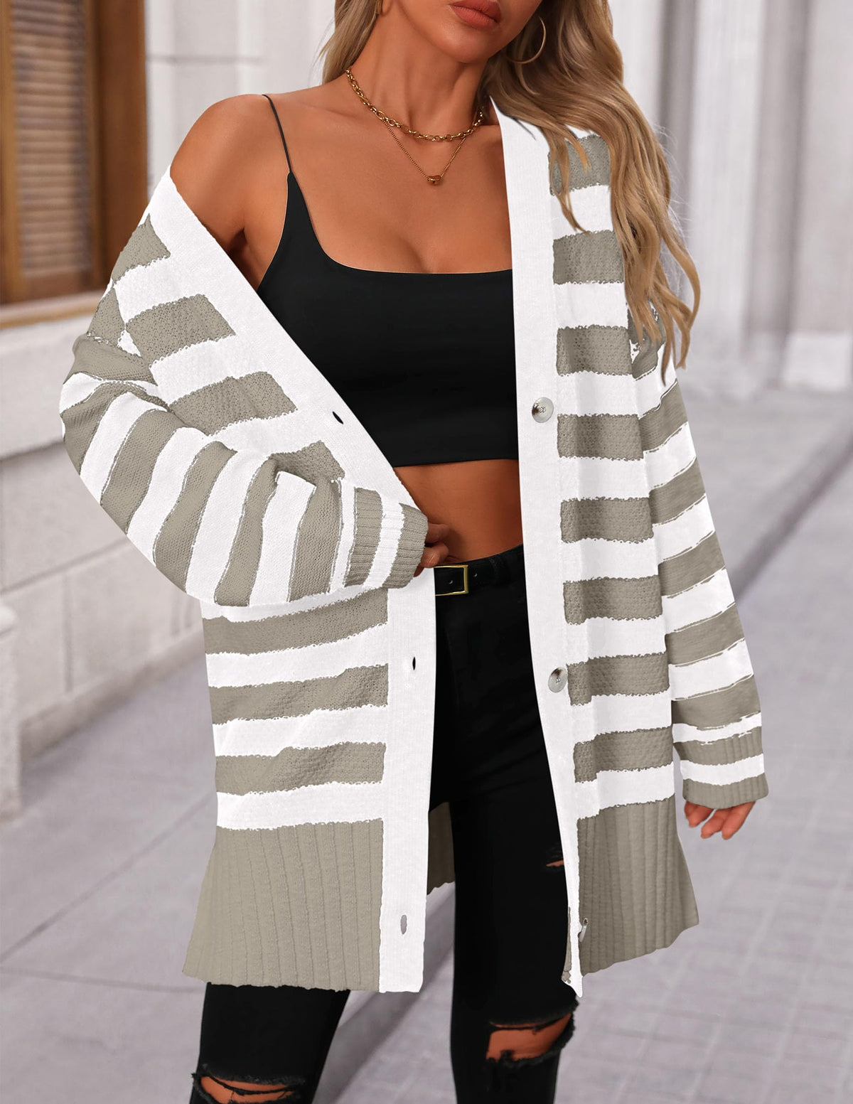 Striped Cardigan Sweaters Long Sleeve Button Down Chunky Knit Oversized Fall Sweater Coat