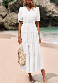 PRETTYGARDEN Women's Midi Dress Casual Short Sleeve V Neck Buttons Belted Ruffle A Line Flowy Dress with Pockets