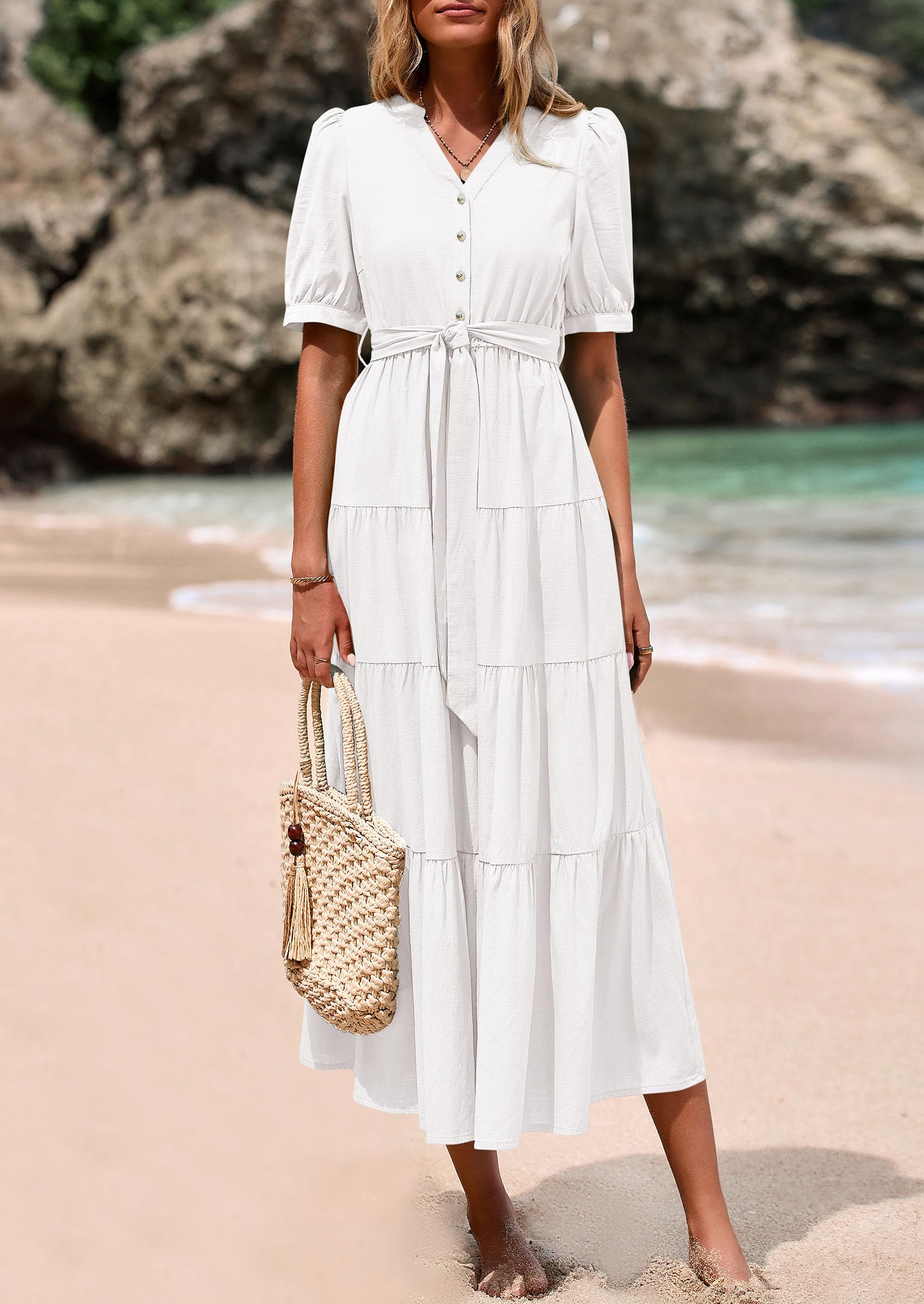 PRETTYGARDEN Women's Midi Dress Casual Short Sleeve V Neck Buttons Belted Ruffle A Line Flowy Dress with Pockets