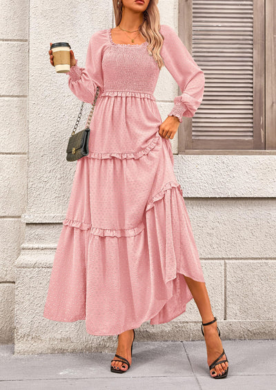 PRETTYGARDEN Women Fall Long Sleeve Smocked Maxi Dress Casual Square Neck Swiss Dot Tiered Ruffle Flowy Spring Pocket Dresses