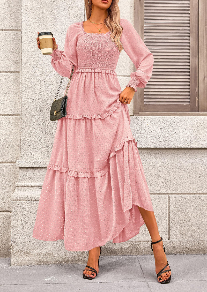PRETTYGARDEN Women Fall Long Sleeve Smocked Maxi Dress Casual Square Neck Swiss Dot Tiered Ruffle Flowy Spring Pocket Dresses PRETTYGARDEN