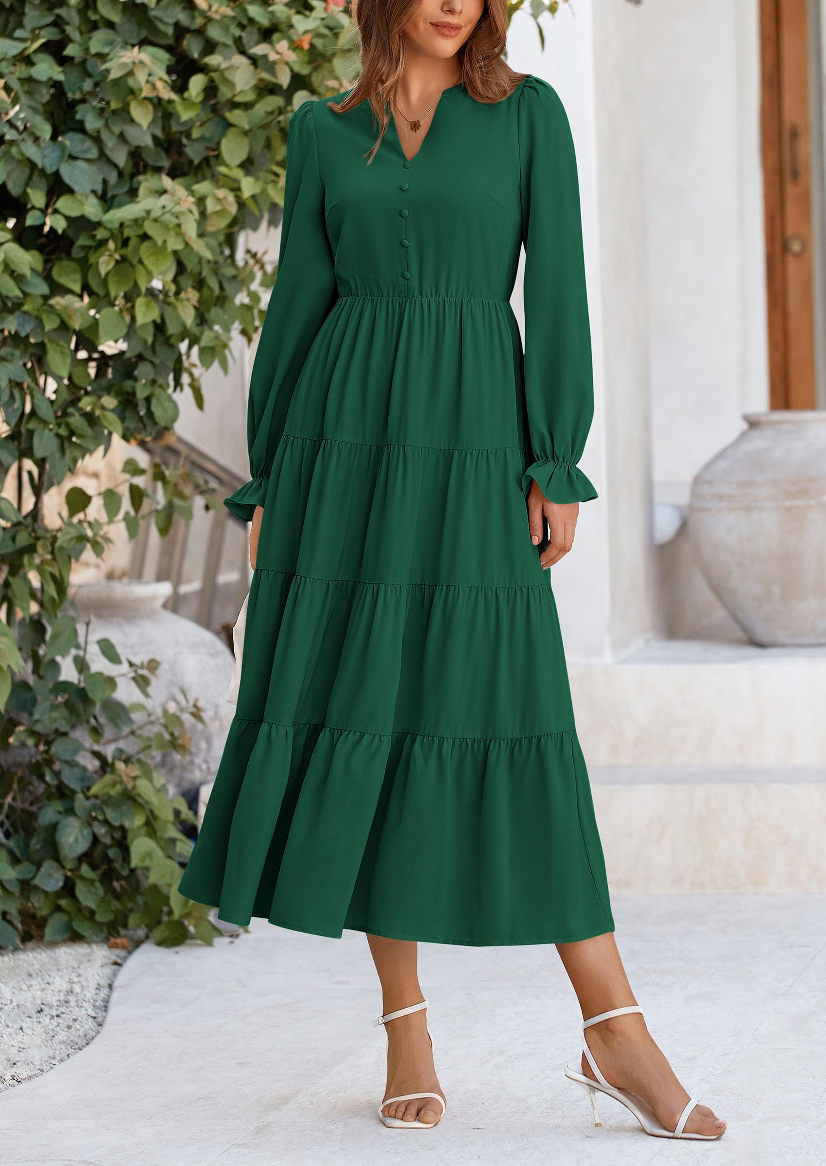 PRETTYGARDEN Women Fall Long Sleeve Smocked Maxi Dress Casual Square Neck Swiss Dot Tiered Ruffle Flowy Spring Pocket Dresses