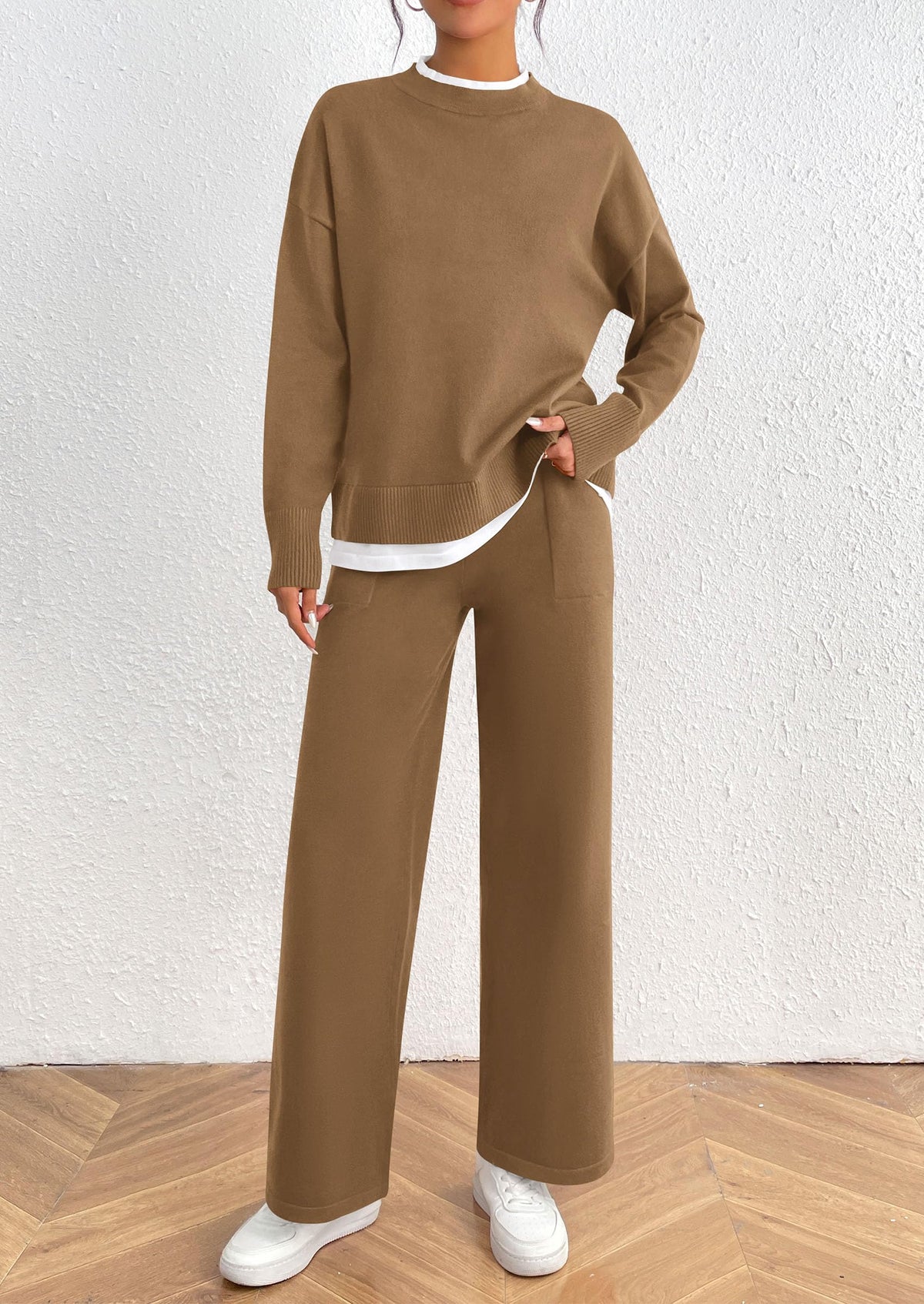 Fall 2 Piece Lounge Sets Long Sleeve Pullover Sweater Wide Leg Pants Matching Outfits Tracksuits