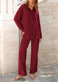 PRETTYGARDEN 2 Piece Textured Sets Casual Button Down Shirt Wide Leg Pants Outfit Loungewear Tracksuit