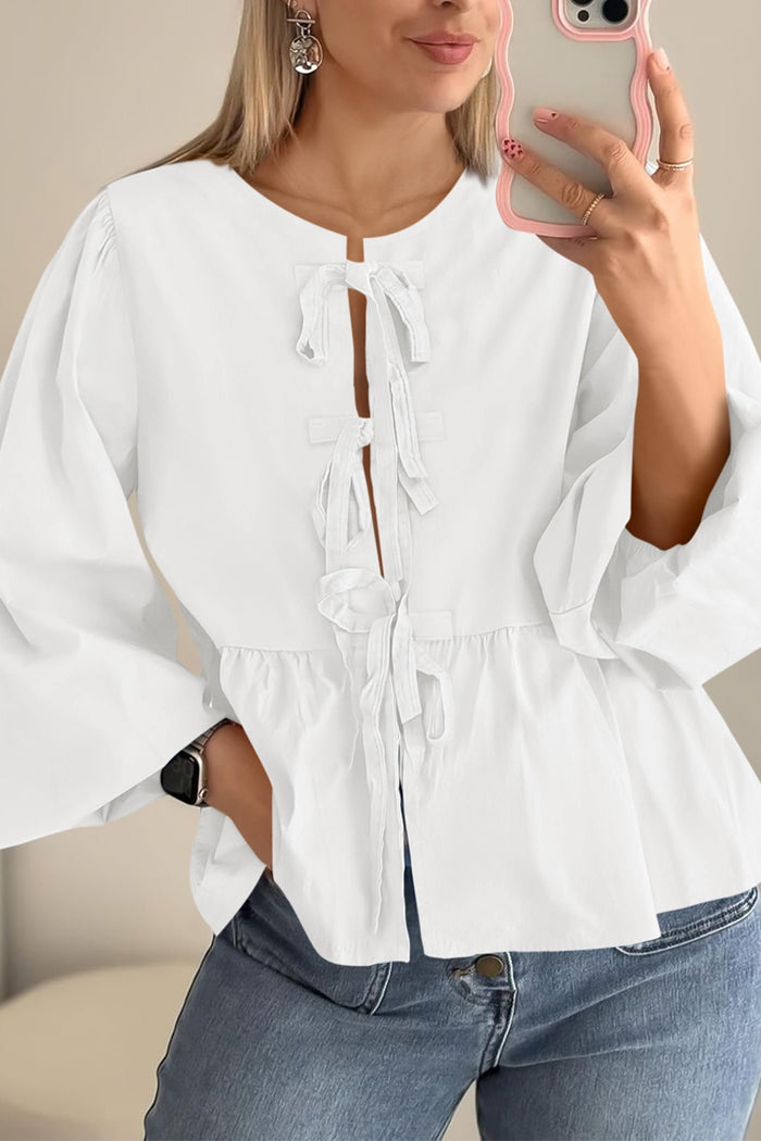 Women's Babydoll Peplum Blouse Shirt Puff Long Sleeve Bow Tie Front Trendy Cute Y2K Going Out Tops