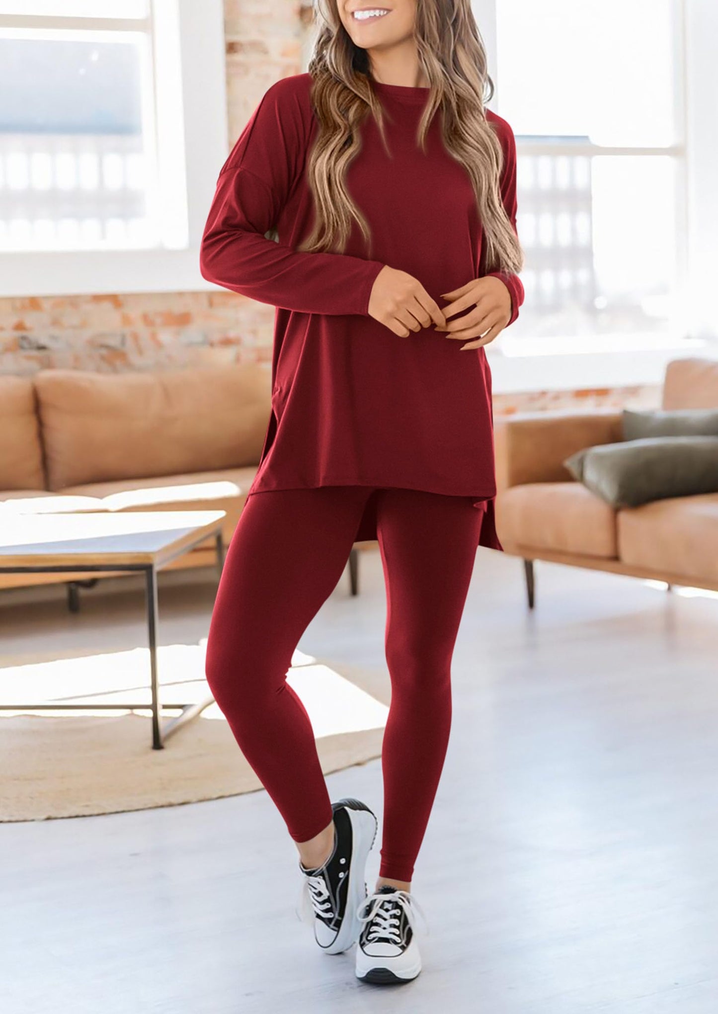 Fall 2 Piece Outfits Casual Long Sleeve Tunic Tops Legging Pants Matching Lounge Sets Sweatsuits