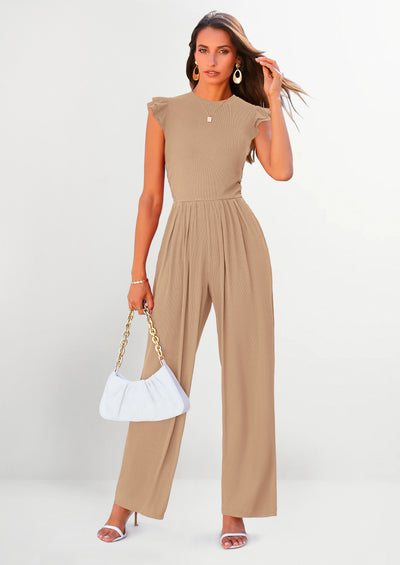 PRETTYGARDEN Casual Ruffle Cap Sleeves Romper Crew Neck Rib Knit One Piece Outfits