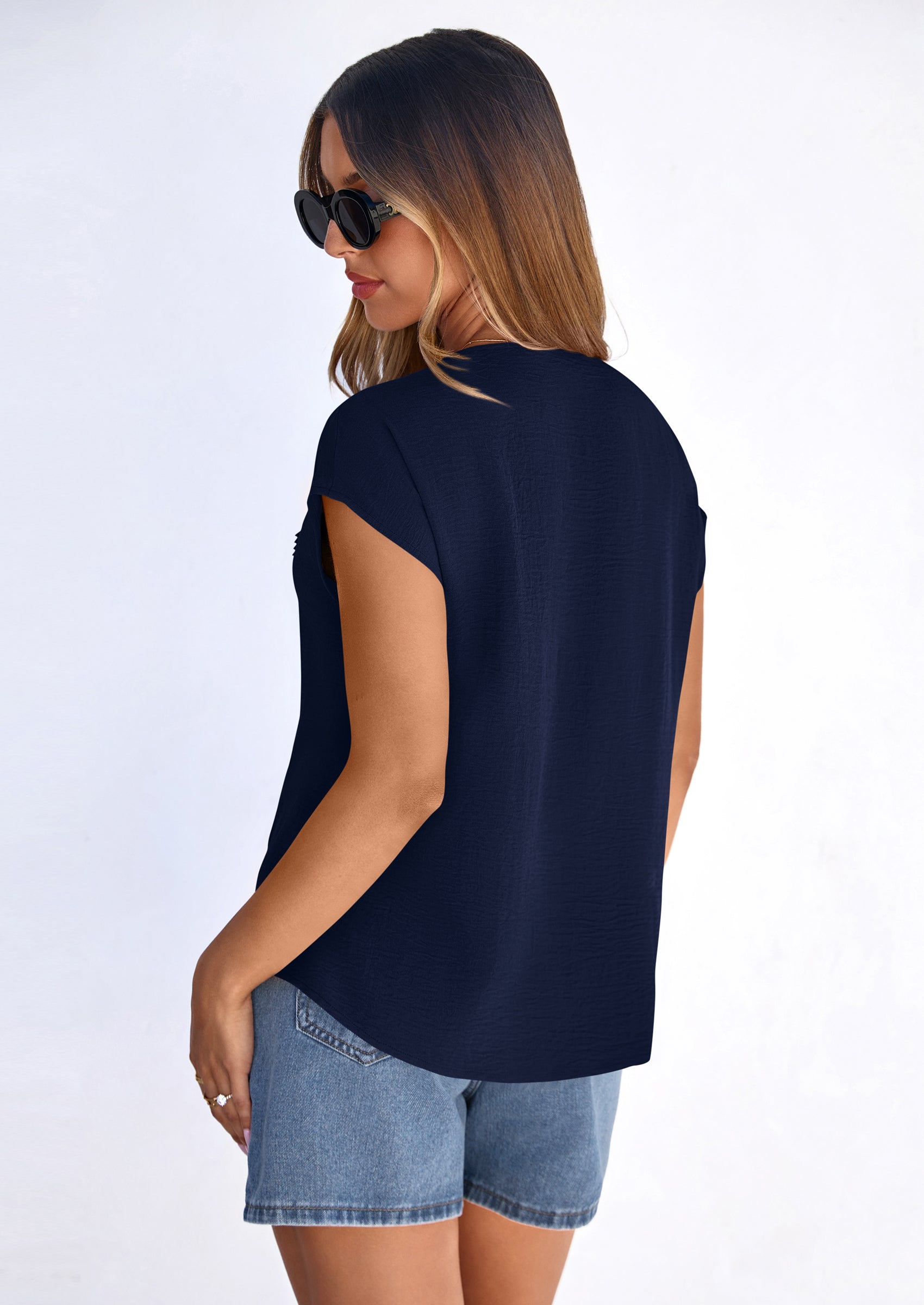 PRETTYGARDEN Spring Tops for Women Summer Fashion Clothes Dressy Casual Blouses Cap Sleeve V Neck Shirts Work Outfits PRETTYGARDEN