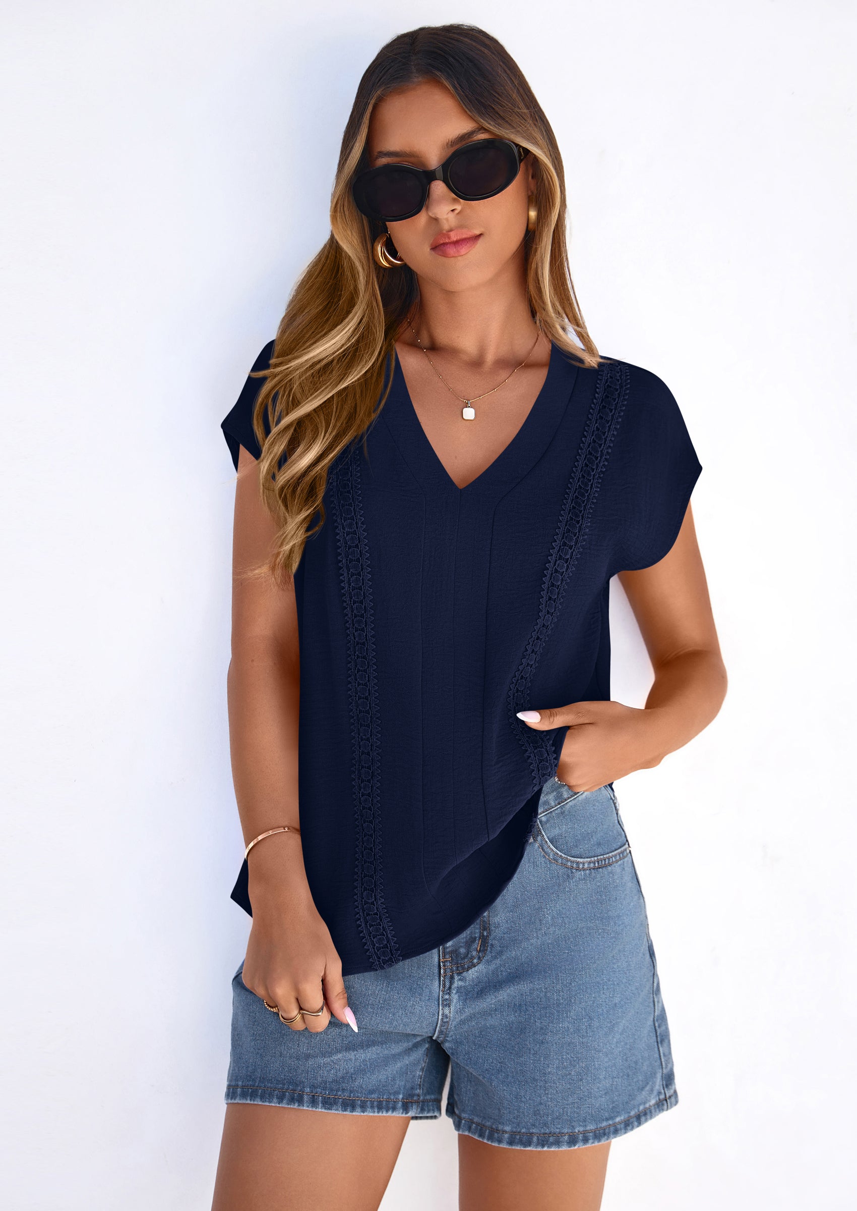 PRETTYGARDEN Spring Tops for Women Summer Fashion Clothes Dressy Casual Blouses Cap Sleeve V Neck Shirts Work Outfits PRETTYGARDEN