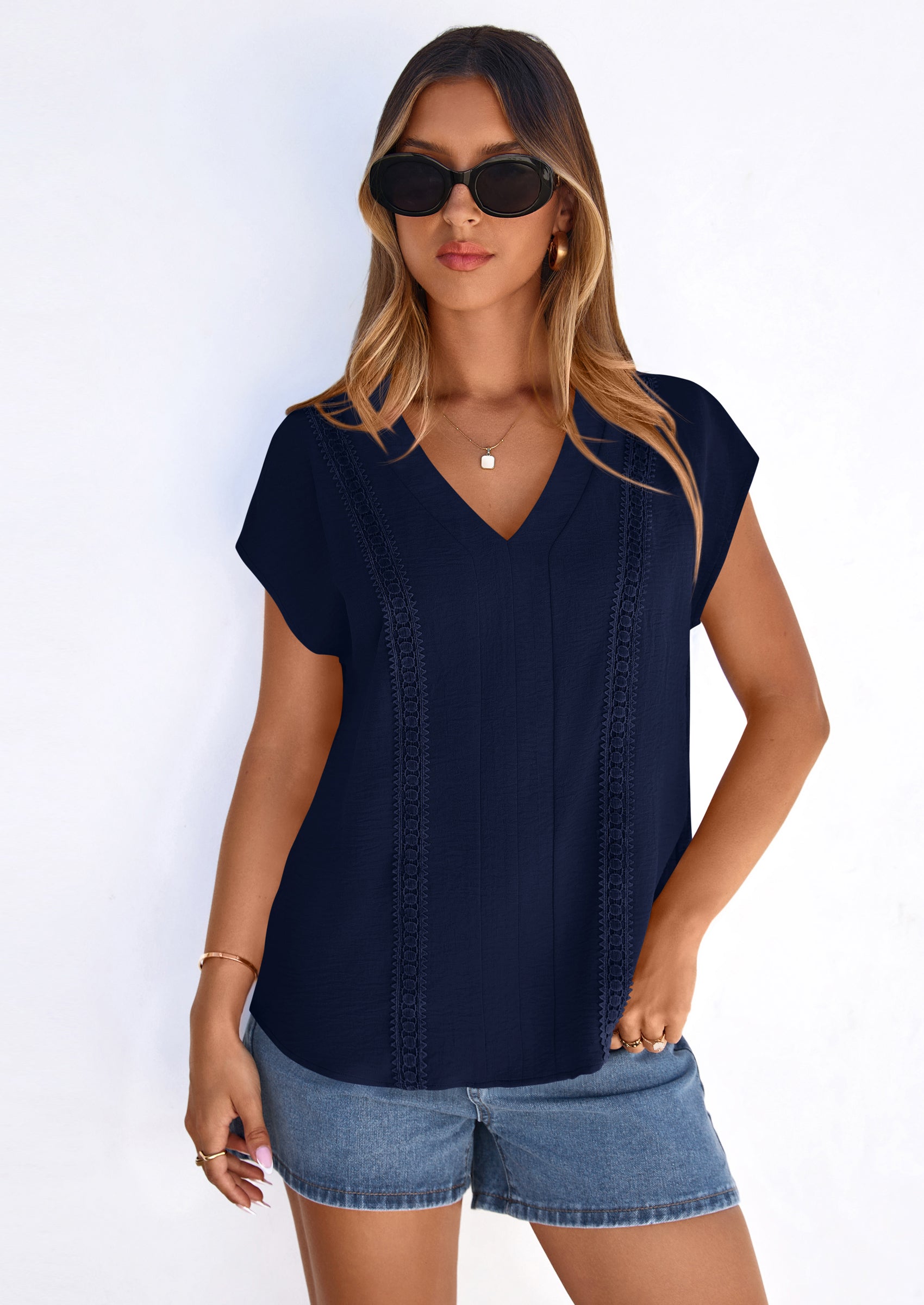 PRETTYGARDEN Spring Tops for Women Summer Fashion Clothes Dressy Casual Blouses Cap Sleeve V Neck Shirts Work Outfits PRETTYGARDEN