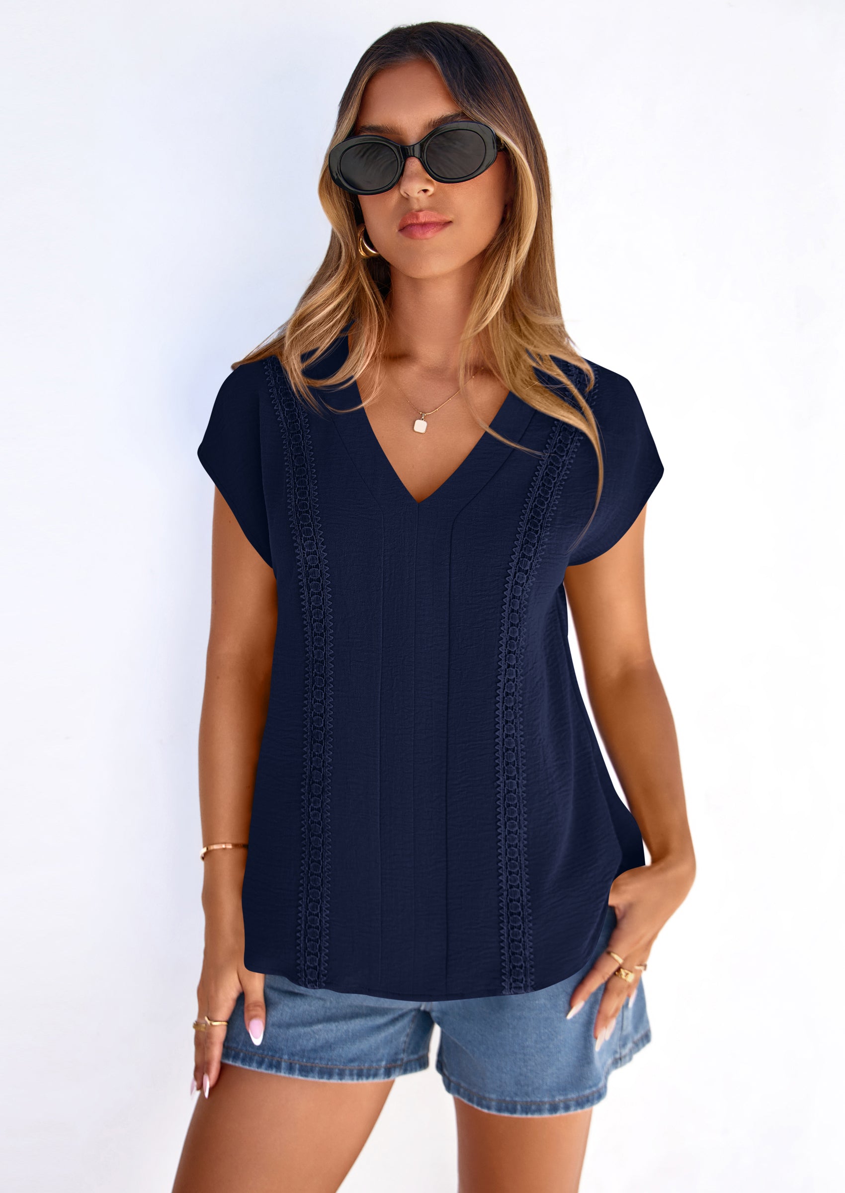 PRETTYGARDEN Spring Tops for Women Summer Fashion Clothes Dressy Casual Blouses Cap Sleeve V Neck Shirts Work Outfits PRETTYGARDEN