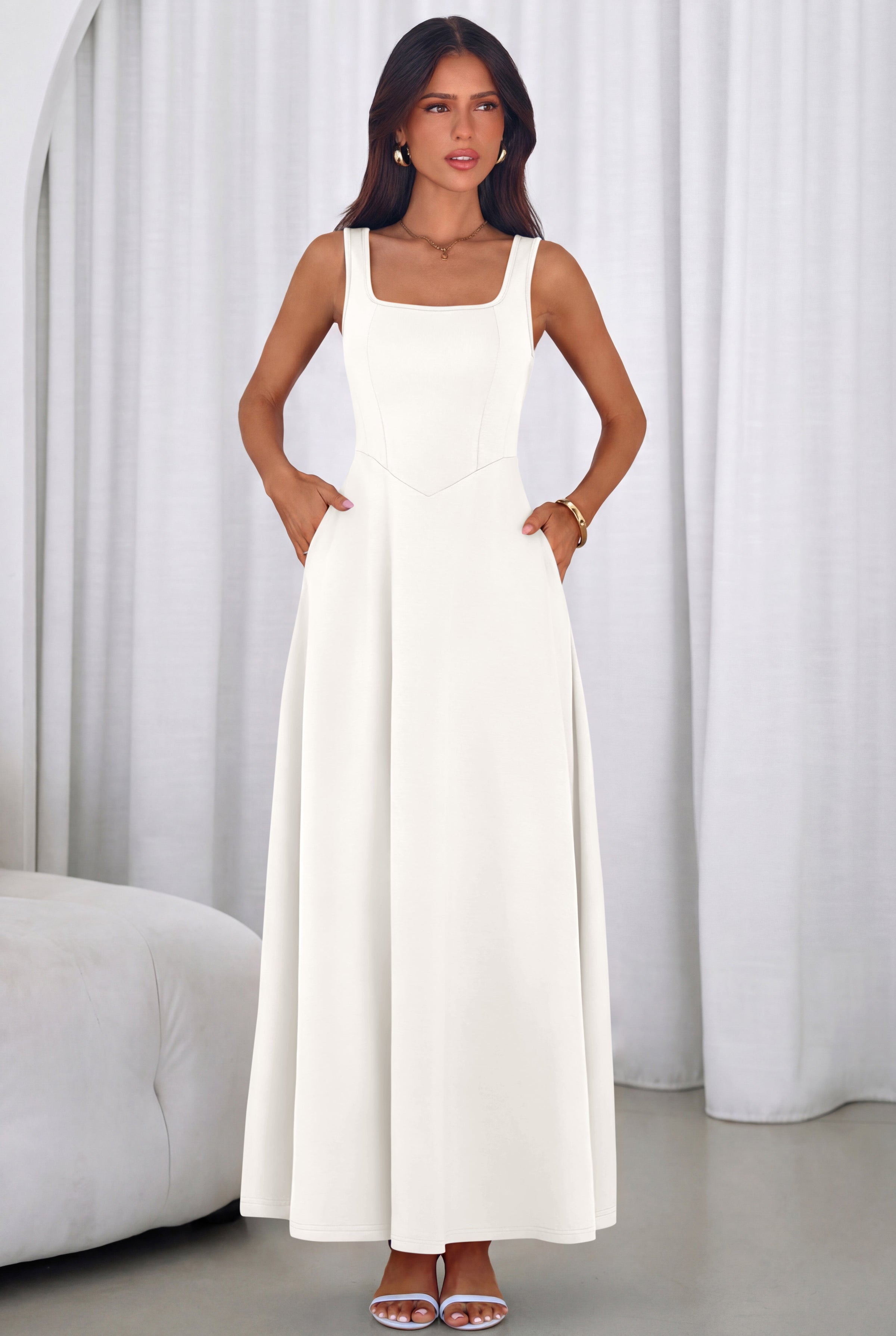 PRETTYGARDEN Womens Summer Dresses Sleeveless Elegant Square Neck Aline Swing Maxi Beach Wedding Guest Dress Pockets PRETTYGARDEN