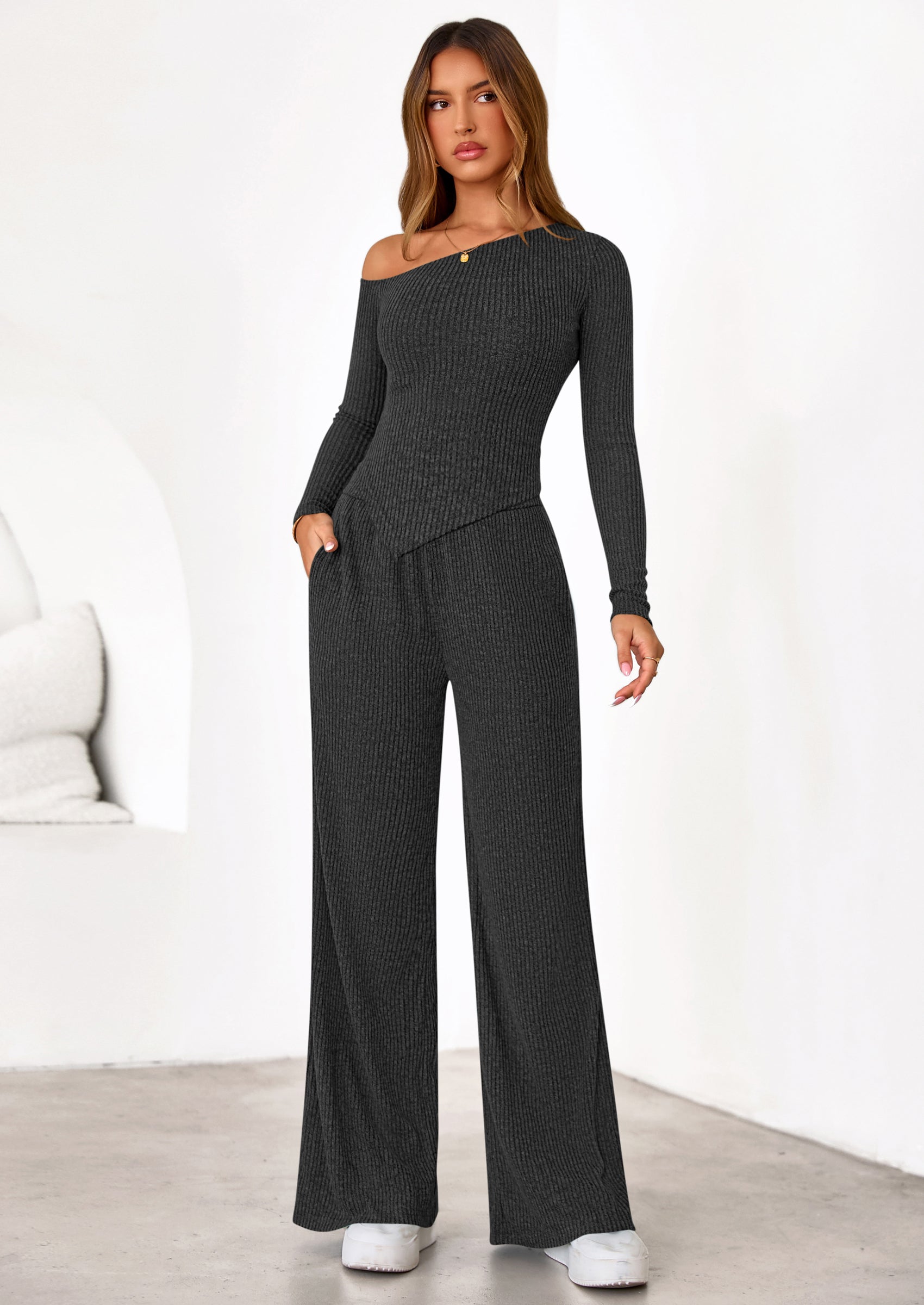 PRETTYGARDEN Casual Two Piece Sets for Women Fall Outfits Asymmetrical Off Shoulder Tops Wide Leg Pants Knit Lounge Set