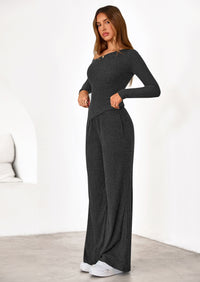 PRETTYGARDEN Casual Two Piece Sets for Women Fall Outfits Asymmetrical Off Shoulder Tops Wide Leg Pants Knit Lounge Set