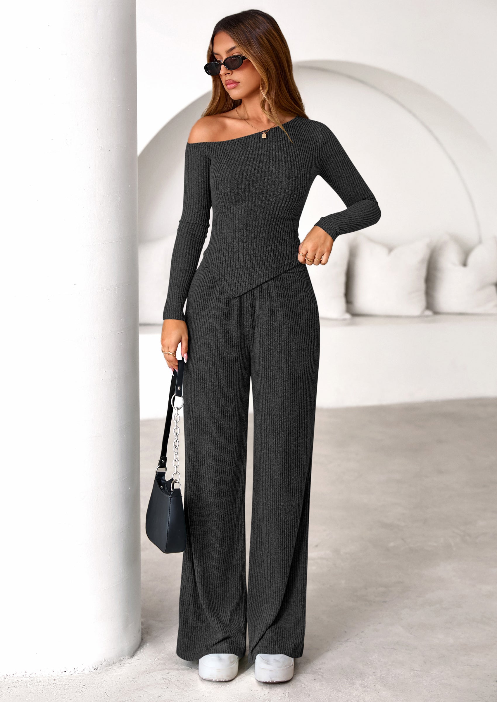 PRETTYGARDEN Casual Two Piece Sets for Women Fall Outfits Asymmetrical Off Shoulder Tops Wide Leg Pants Knit Lounge Set