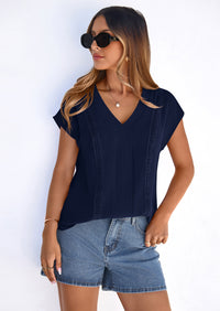 PRETTYGARDEN Spring Tops for Women Summer Fashion Clothes Dressy Casual Blouses Cap Sleeve V Neck Shirts Work Outfits PRETTYGARDEN