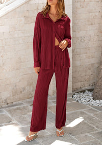 Women's Fall 2 Piece Textured Sets Casual Button Down Shirt Wide Leg Pants Outfit Loungewear Tracksuit