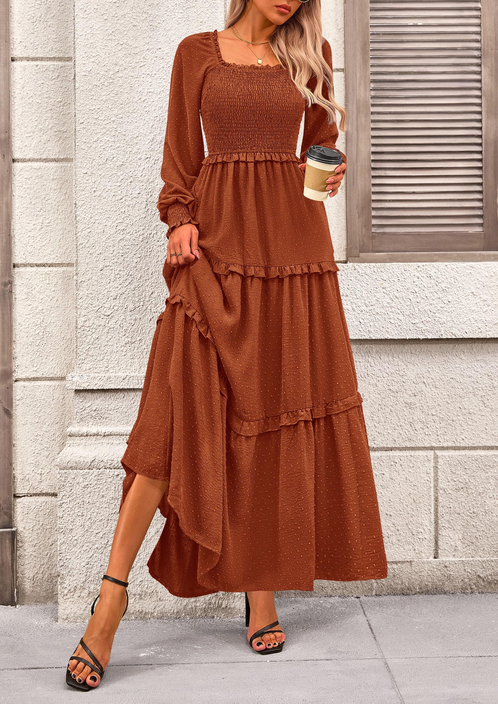 PRETTYGARDEN Women Fall Long Sleeve Smocked Maxi Dress Casual Square Neck Swiss Dot Tiered Ruffle Flowy Spring Pocket Dresses