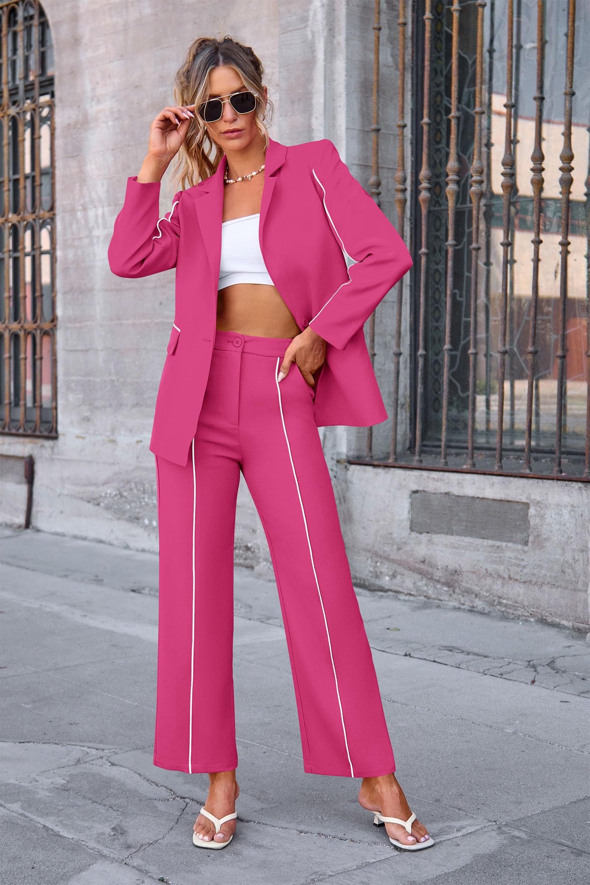 Women's Fall 2 Piece Blazer Outfits Business Casual Oversized Jacket Wide Leg Work Pants Dressy Suit Set