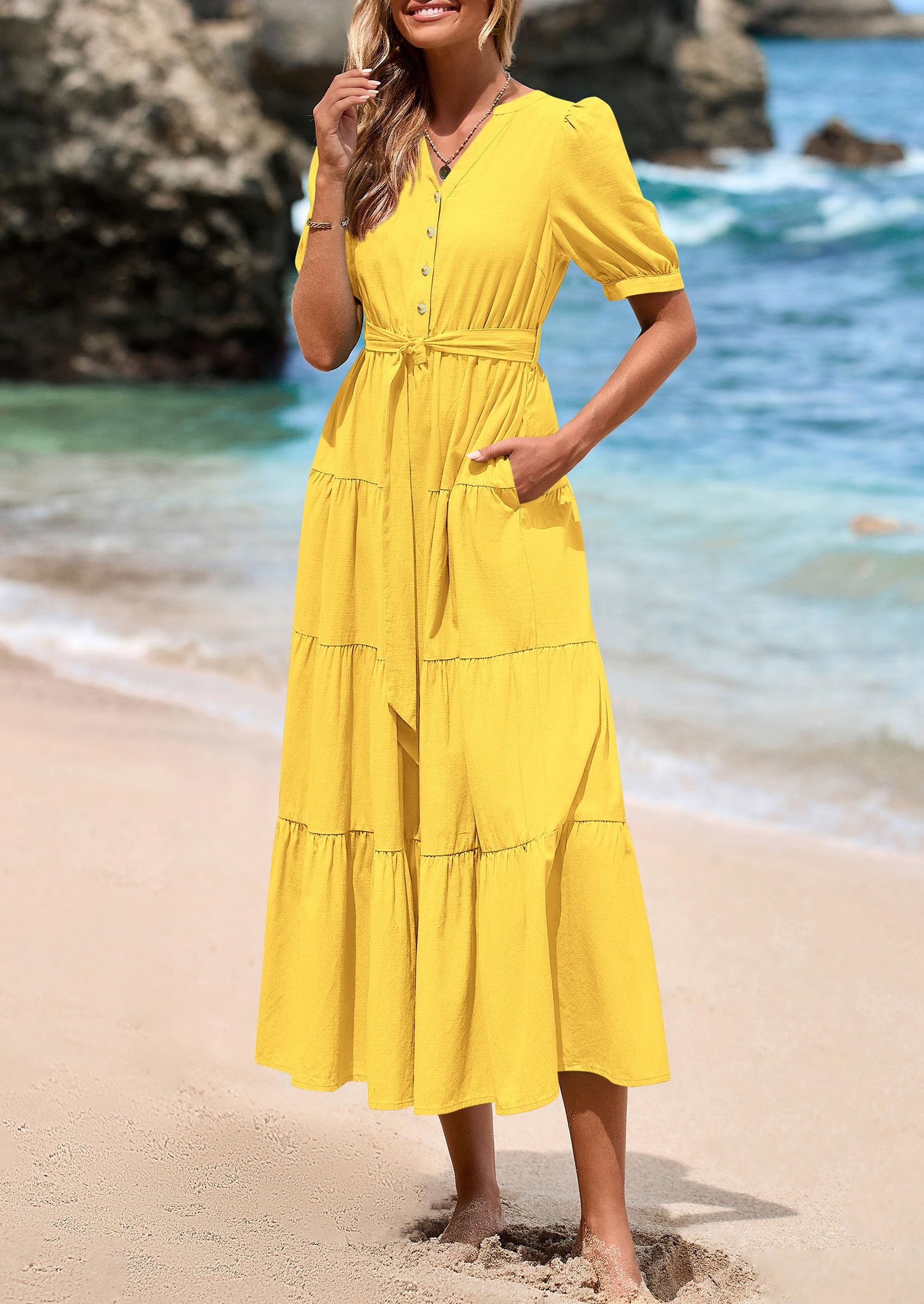 PRETTYGARDEN Women's Midi Dress Casual Short Sleeve V Neck Buttons Belted Ruffle A Line Flowy Dress with Pockets