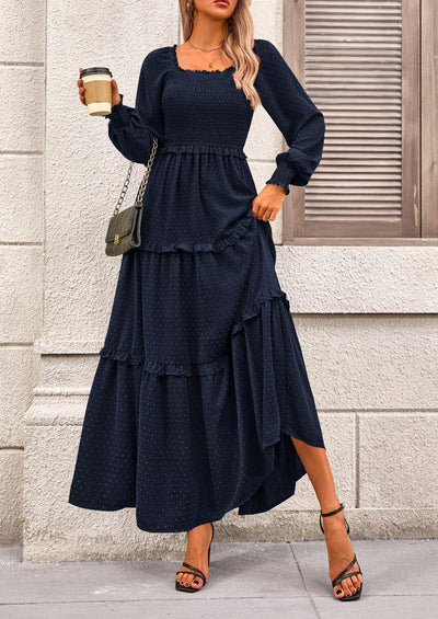 PRETTYGARDEN Women Fall Long Sleeve Smocked Maxi Dress Casual Square Neck Swiss Dot Tiered Ruffle Flowy Spring Pocket Dresses
