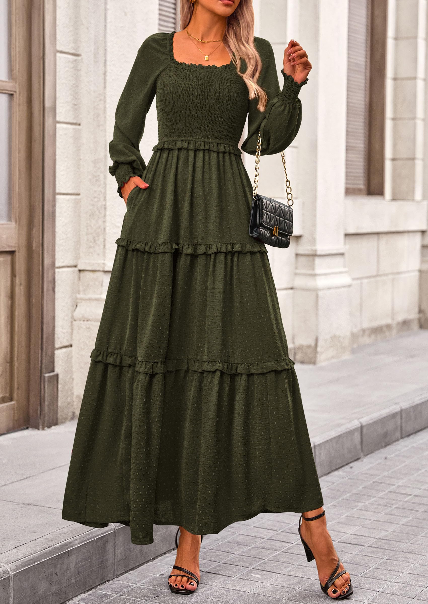 PRETTYGARDEN Women Fall Long Sleeve Smocked Maxi Dress Casual Square Neck Swiss Dot Tiered Ruffle Flowy Spring Pocket Dresses
