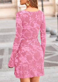 PRETTYGARDEN Women's Fall Fashion Floral Long Sleeve Mini Dress Mesh Bodycon Short Party Date Night Going Out Dresses