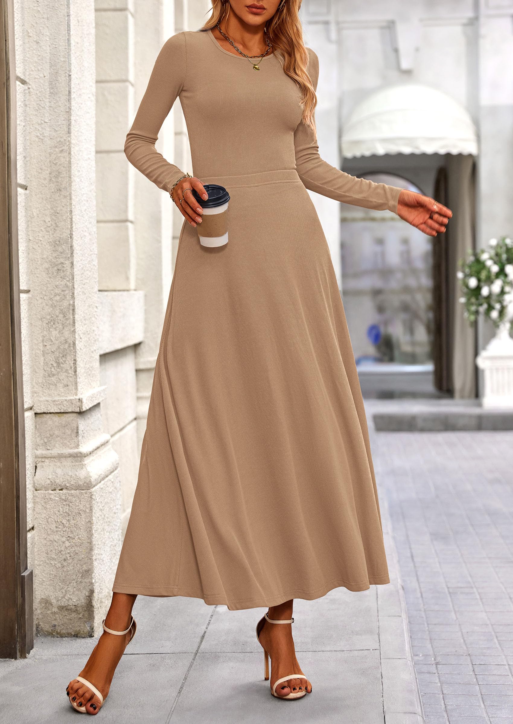 PRETTYGARDEN 2 Piece Casual Ribbed Knit Long Sleeve Crop Tops Maxi Flowy Skirts Matching Sets