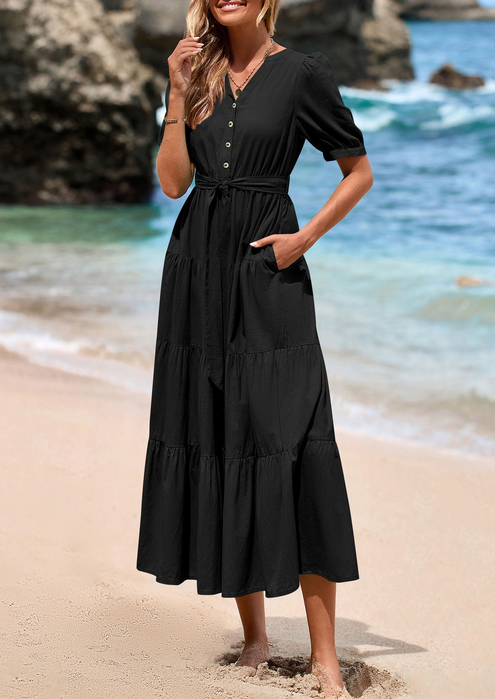 PRETTYGARDEN Women's Midi Dress Casual Short Sleeve V Neck Buttons Belted Ruffle A Line Flowy Dress with Pockets