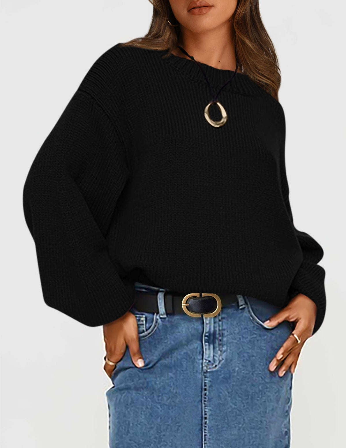 Women's 2024 Fall Chunky Knit Sweater Casual Long Lantern Sleeve Crewneck Pullover Jumper Tops