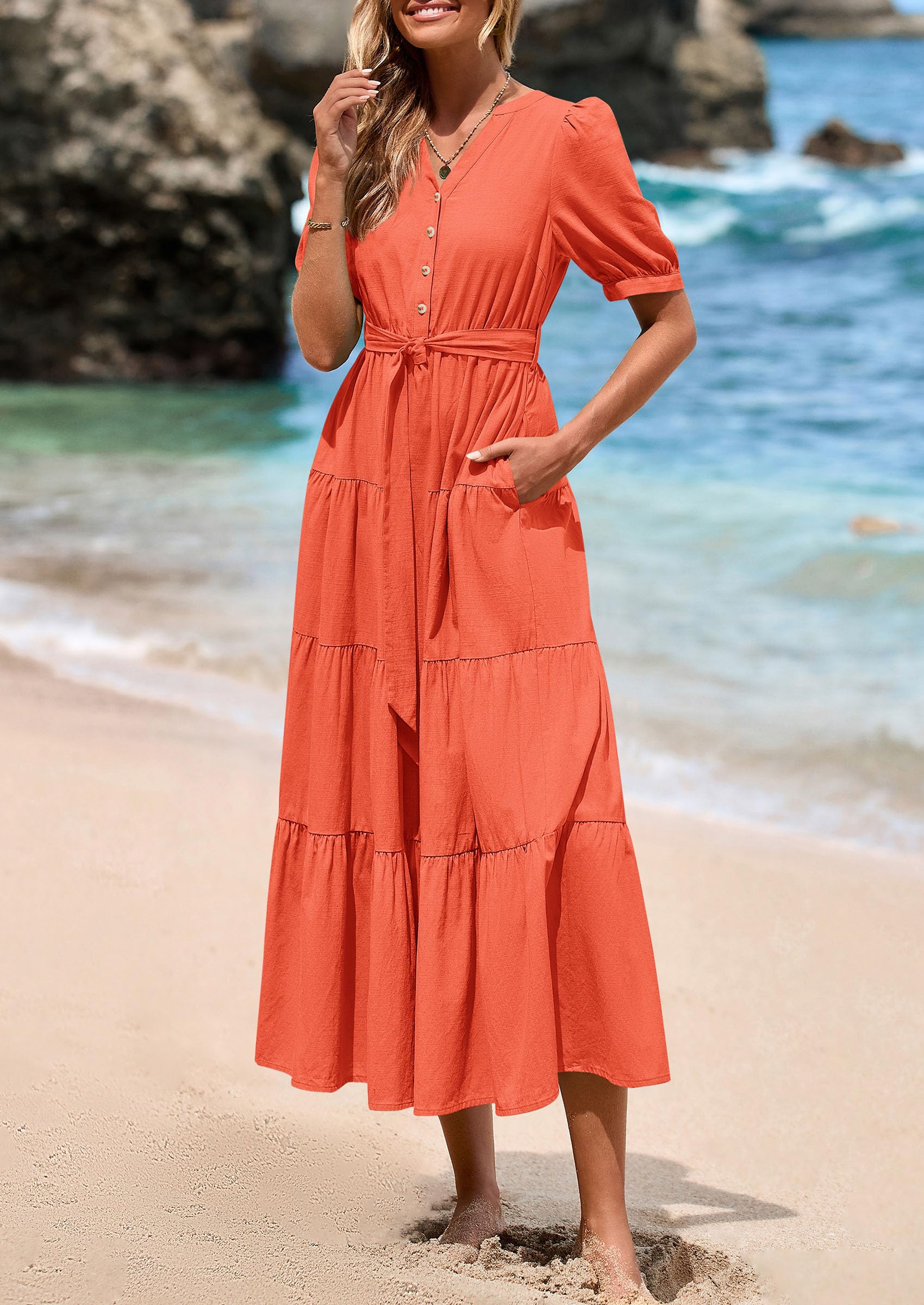 PRETTYGARDEN Women's Midi Dress Casual Short Sleeve V Neck Buttons Belted Ruffle A Line Flowy Dress with Pockets