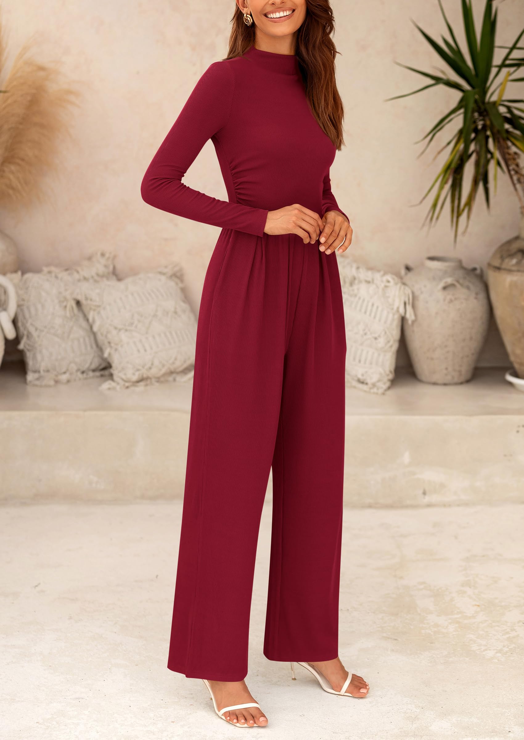 PRETTYGARDEN Dressy Casual Fashion Outfits Long Sleeve Mock Neck Wide Leg Pants Rompers