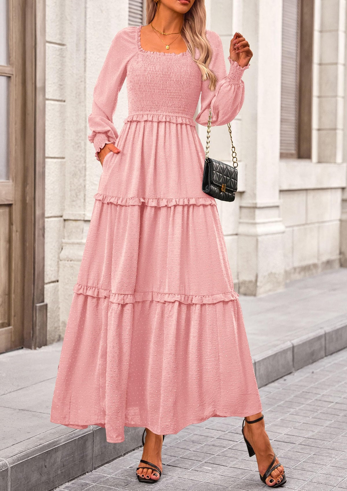 Women's Long Sleeve Smocked Maxi Dress Casual Square Neck Swiss Dot Tiered Ruffle Flowy Pocket Dresses