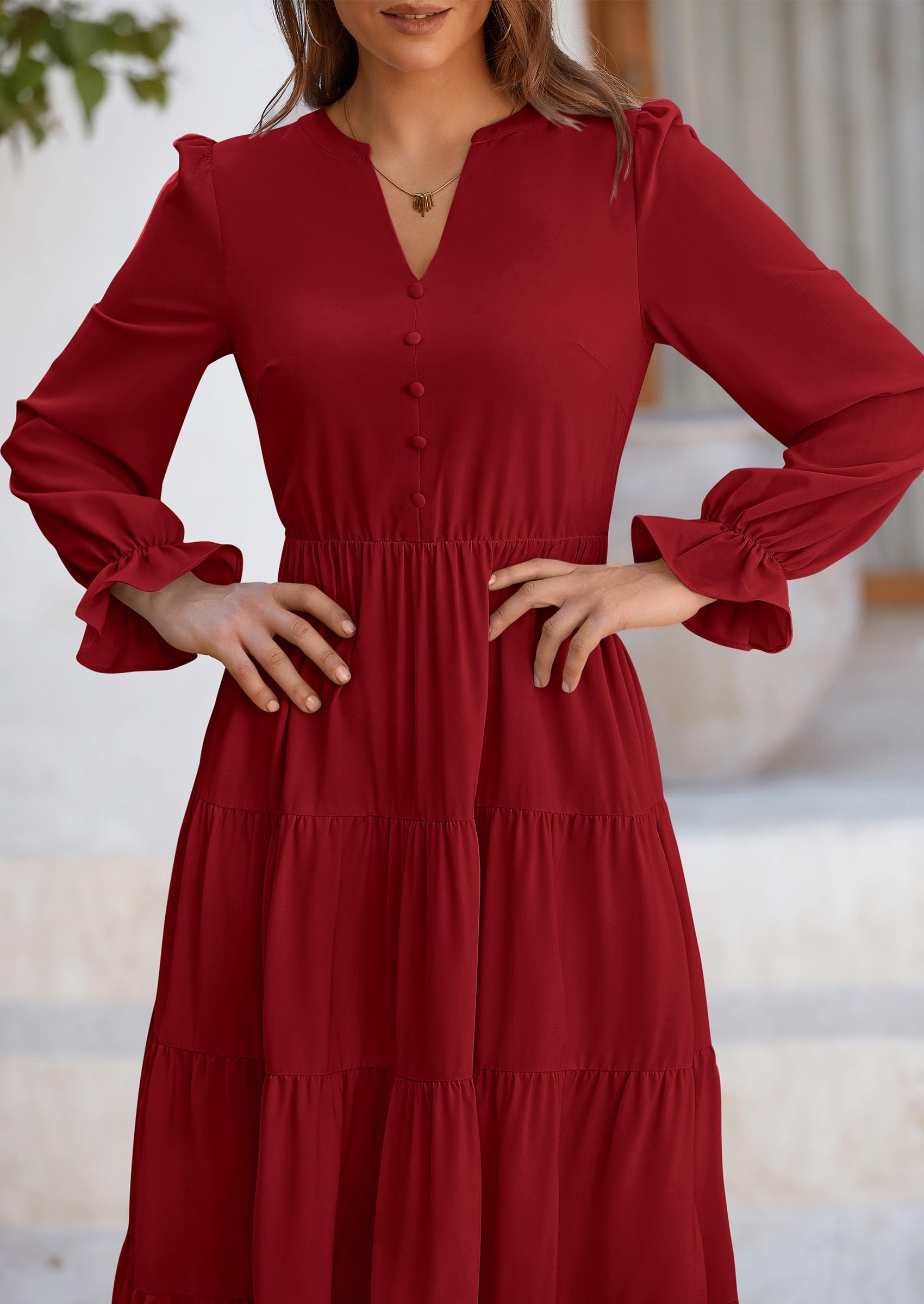 PRETTYGARDEN Women Fall Long Sleeve Smocked Maxi Dress Casual Square Neck Swiss Dot Tiered Ruffle Flowy Spring Pocket Dresses