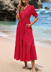 PRETTYGARDEN Women's Midi Dress Casual Short Sleeve V Neck Buttons Belted Ruffle A Line Flowy Dress with Pockets