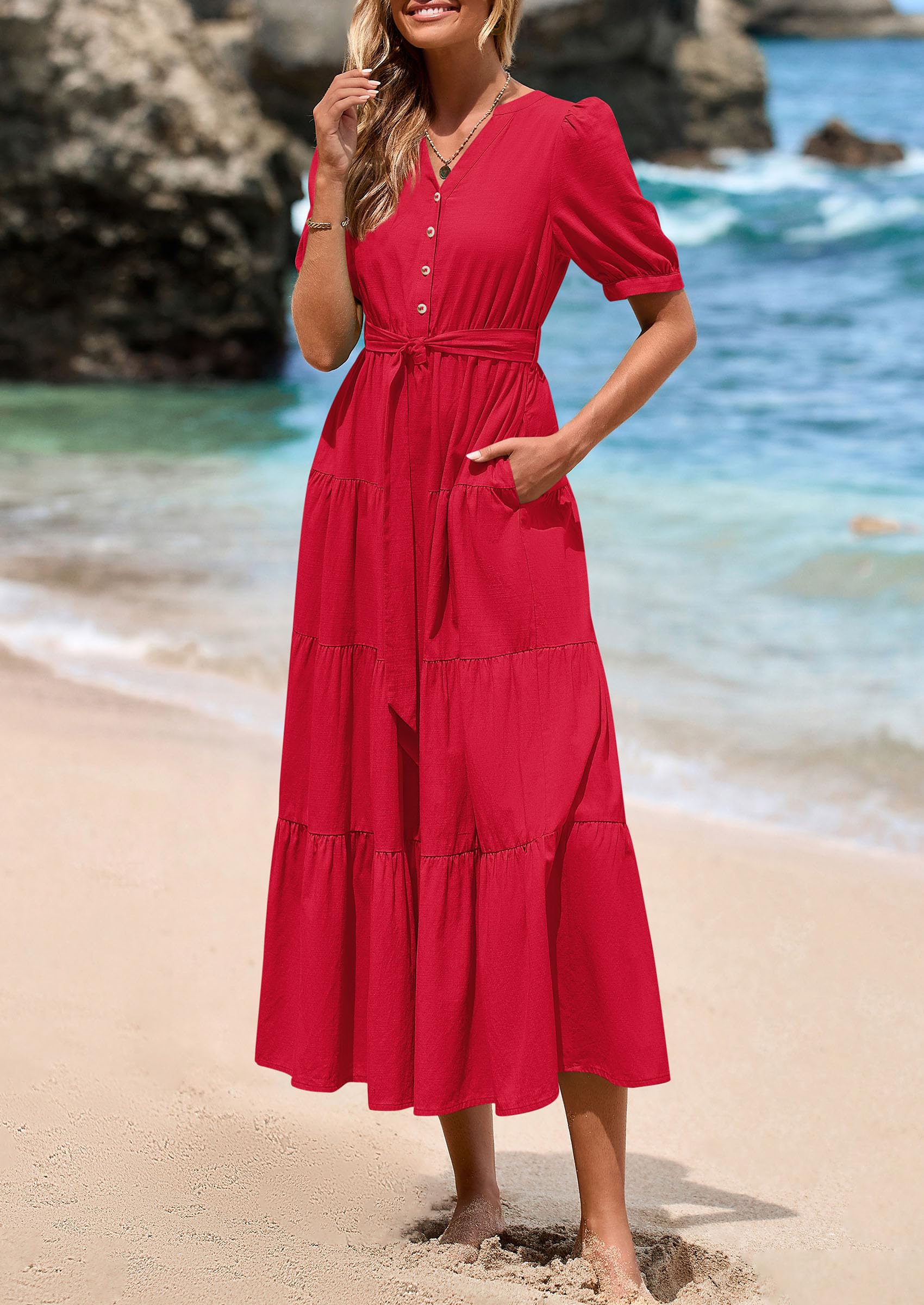 PRETTYGARDEN Women's Midi Dress Casual Short Sleeve V Neck Buttons Belted Ruffle A Line Flowy Dress with Pockets