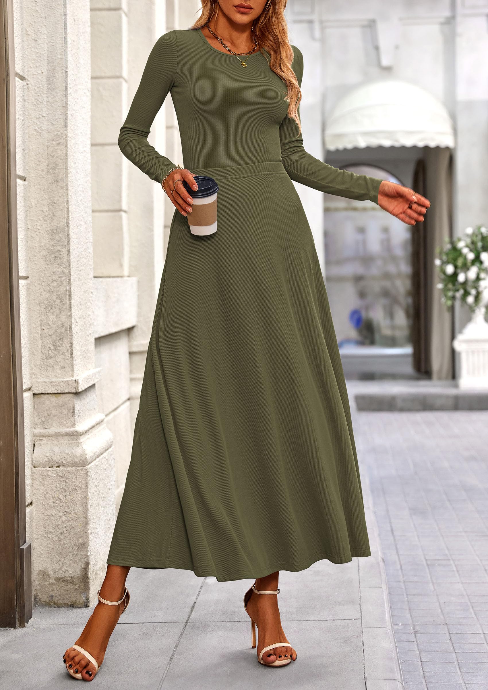 PRETTYGARDEN 2 Piece Casual Ribbed Knit Long Sleeve Crop Tops Maxi Flowy Skirts Matching Sets
