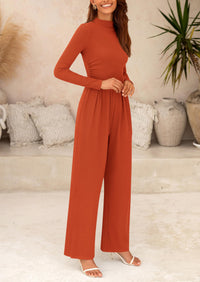 Women's Jumpsuit Dressy Casual One Piece Outfits Long Sleeve Mock Neck Wide Leg Pants Rompers