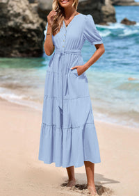 PRETTYGARDEN Women's Midi Dress Casual Short Sleeve V Neck Buttons Belted Ruffle A Line Flowy Dress with Pockets
