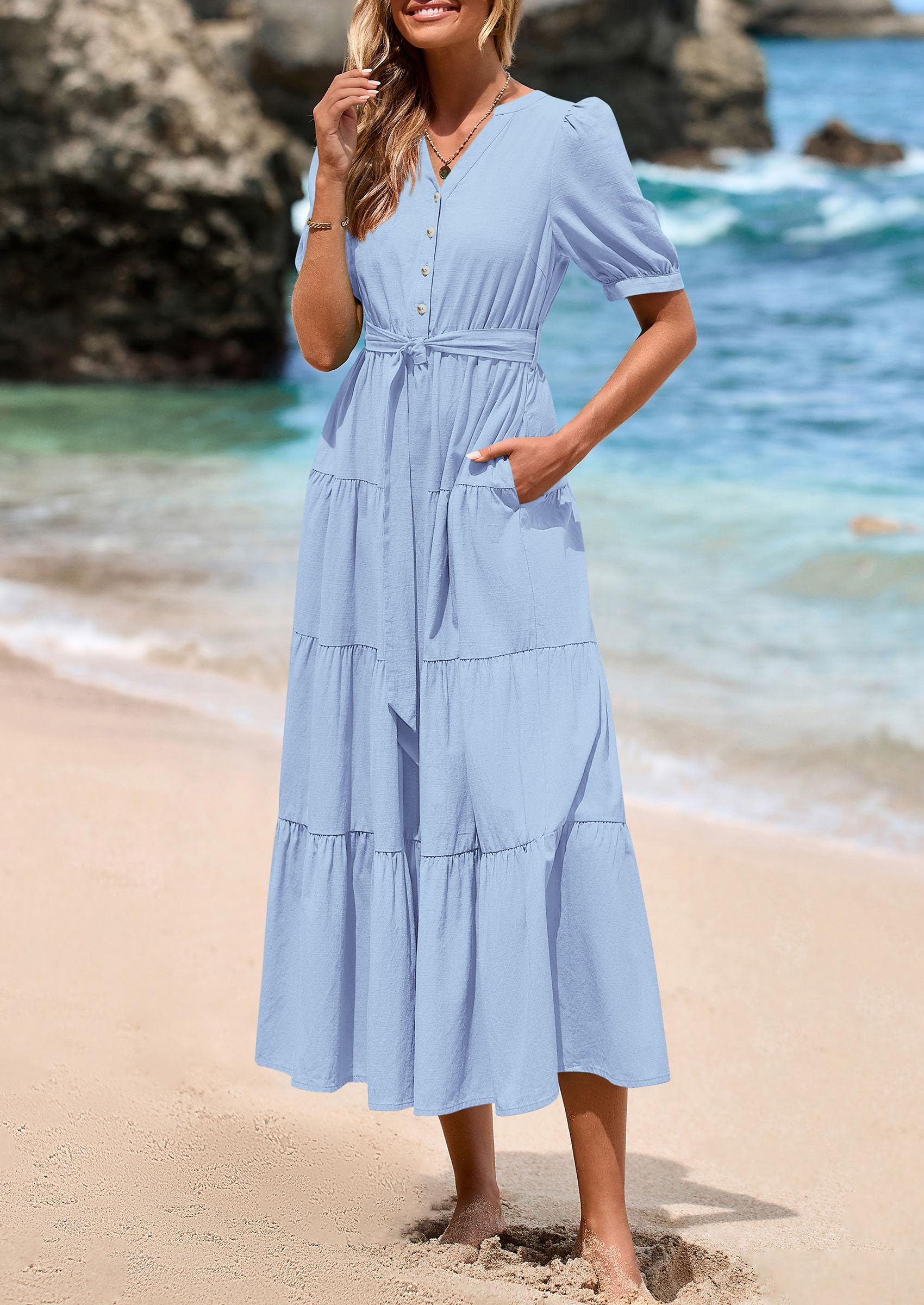 PRETTYGARDEN Women's Midi Dress Casual Short Sleeve V Neck Buttons Belted Ruffle A Line Flowy Dress with Pockets