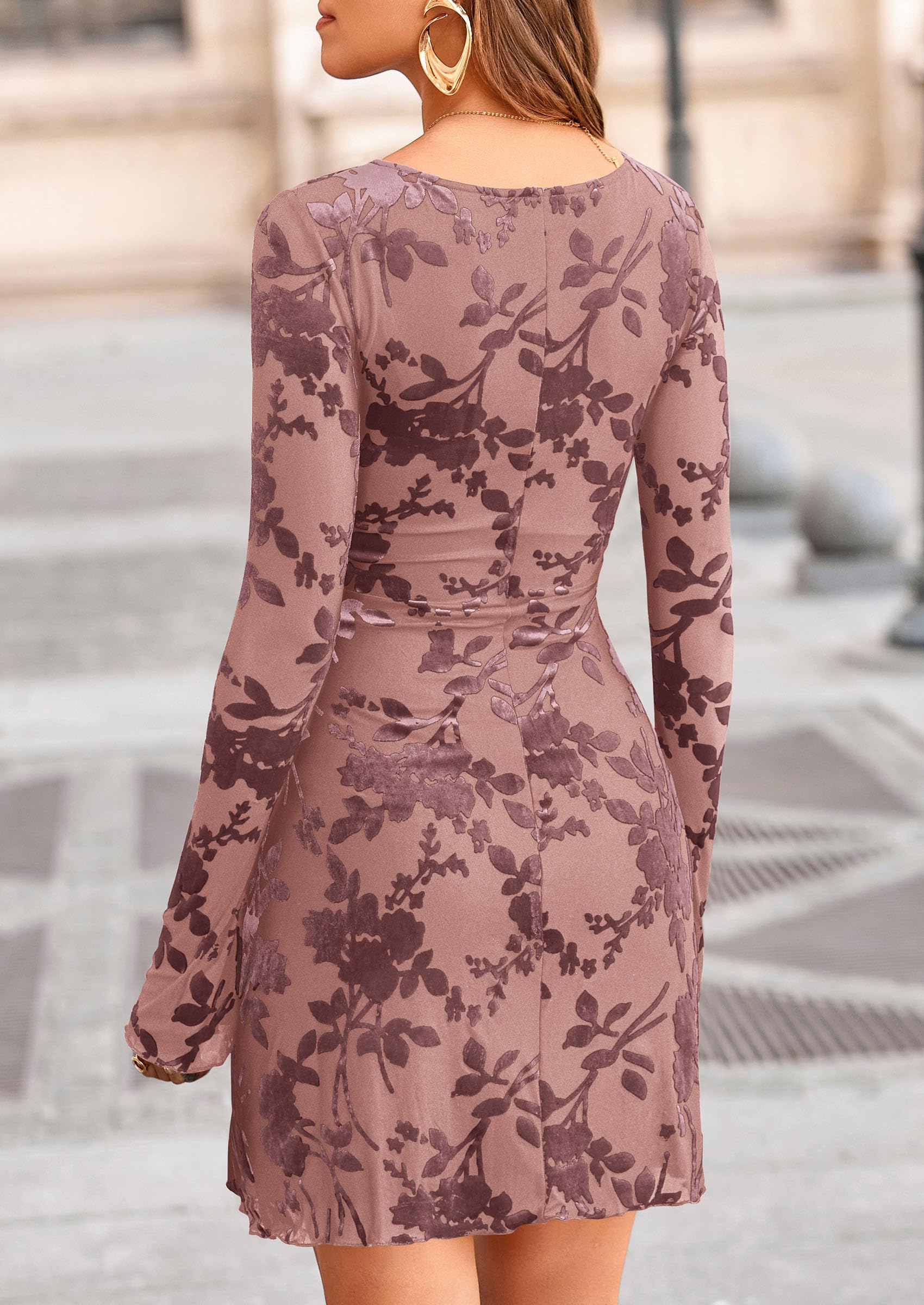 PRETTYGARDEN Women's Fall Fashion Floral Long Sleeve Mini Dress Mesh Bodycon Short Party Date Night Going Out Dresses