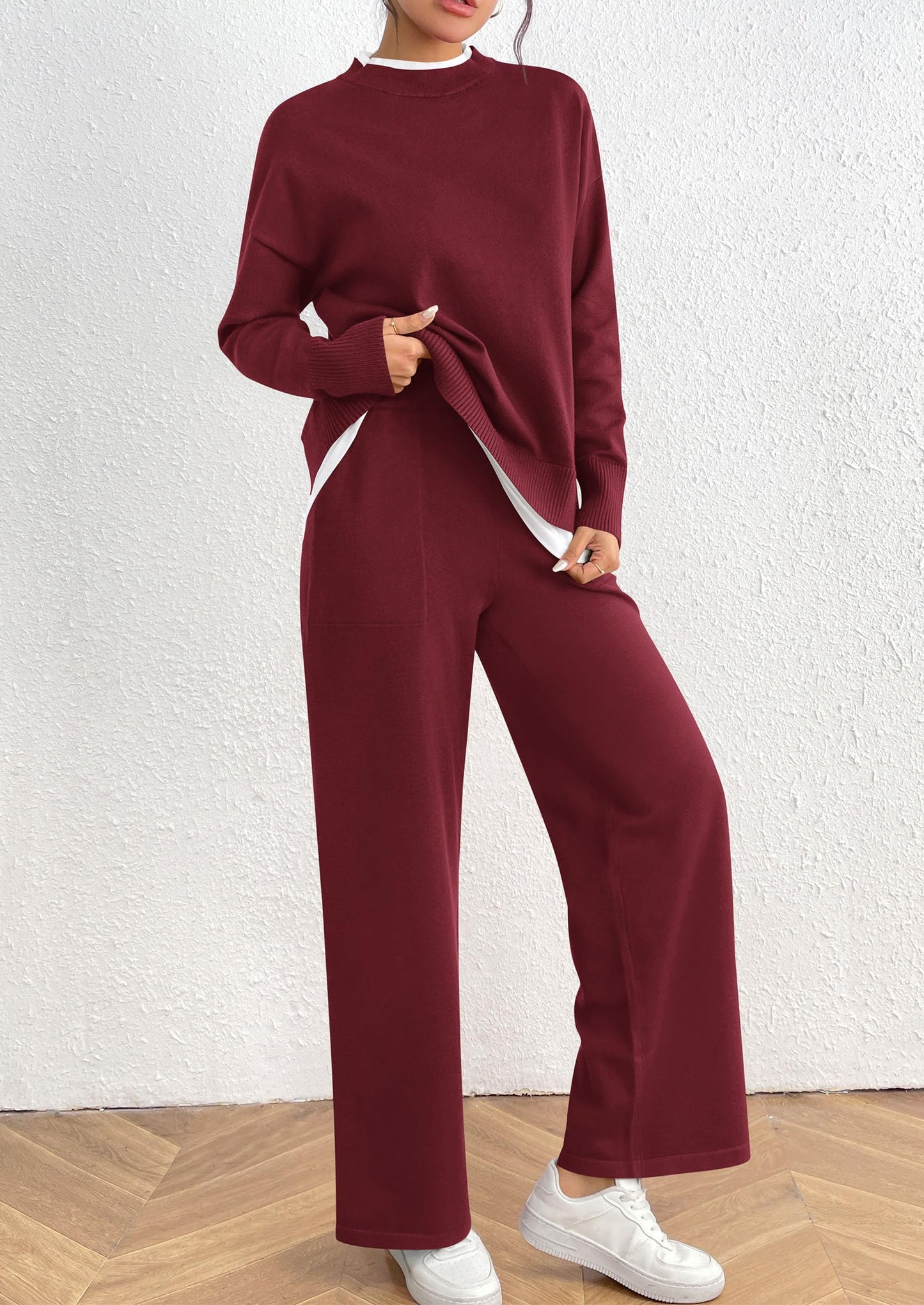 Fall 2 Piece Lounge Sets Long Sleeve Pullover Sweater Wide Leg Pants Matching Outfits Tracksuits