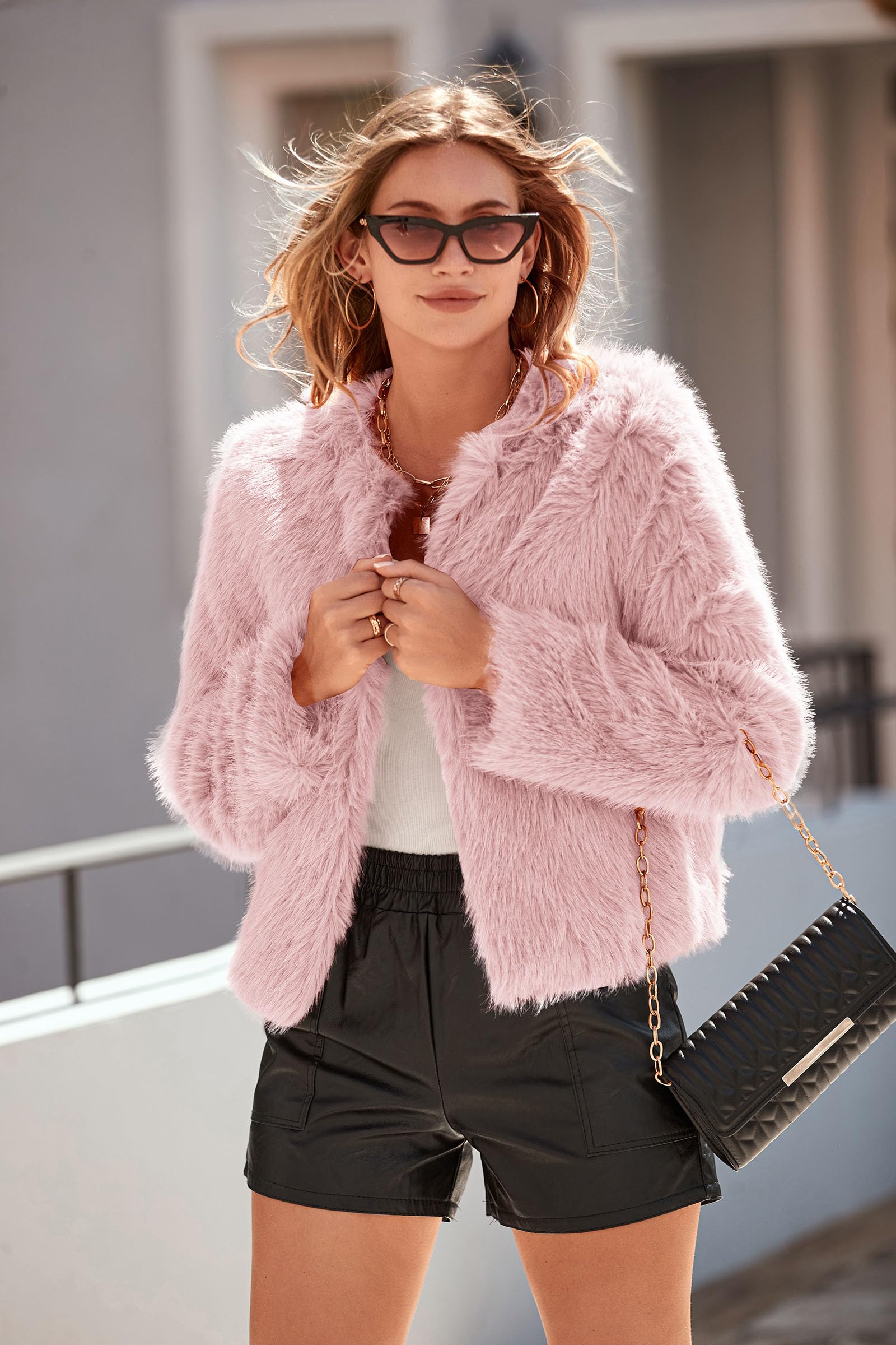 PRETTYGARDEN Women's Winter Coats Fleece Cropped Jacket Faux Fur Long Sleeve Pockets Shaggy Warm Outerwear Fall Clothes