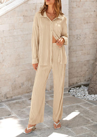 Women's Fall 2 Piece Textured Sets Casual Button Down Shirt Wide Leg Pants Outfit Loungewear Tracksuit