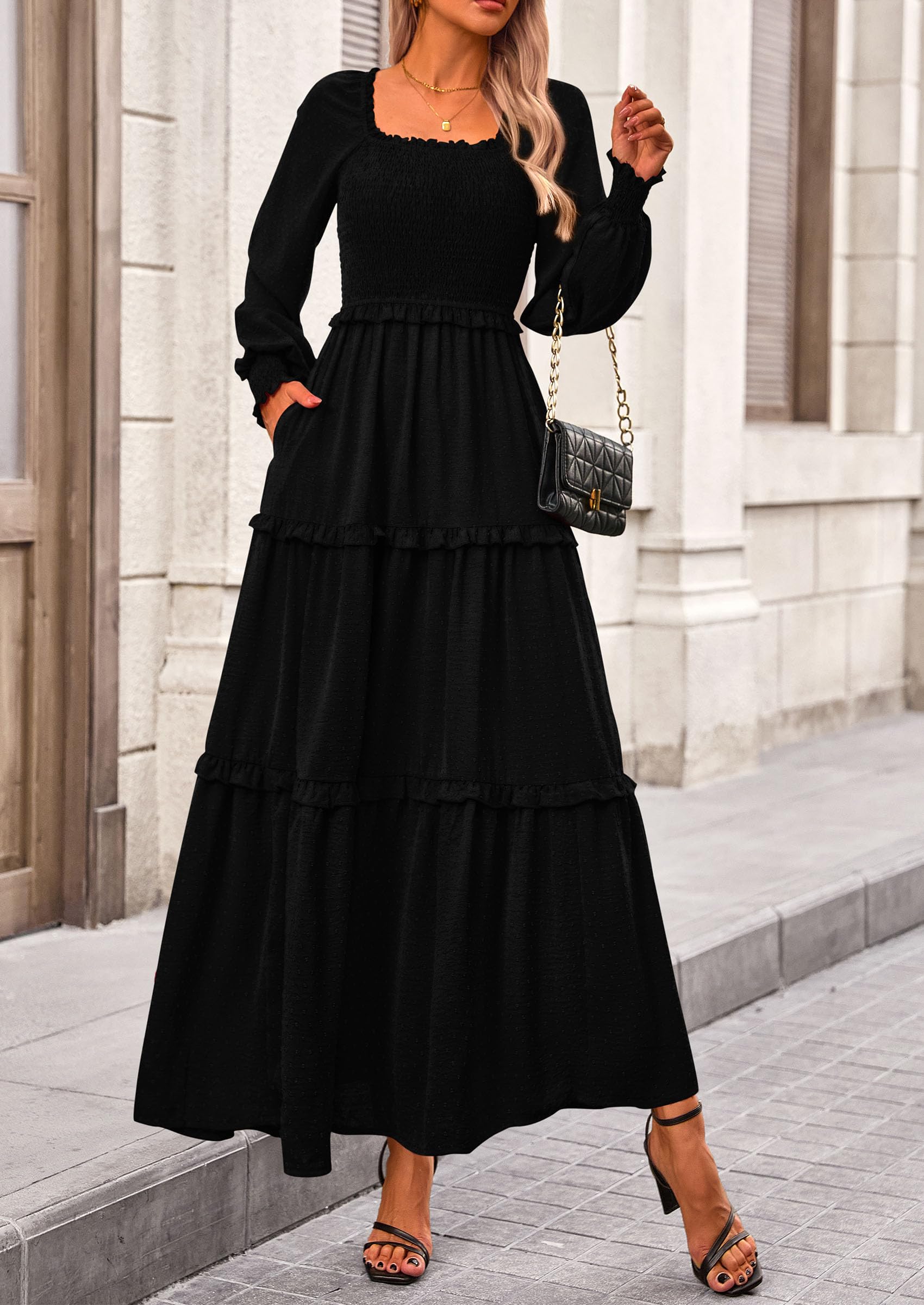PRETTYGARDEN Women Fall Long Sleeve Smocked Maxi Dress Casual Square N PRETTYGARDEN Women Fall Long Sleeve Smocked Maxi Dress Casual Square N