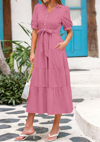PRETTYGARDEN Women's Midi Dress Casual Short Sleeve V Neck Buttons Belted Ruffle A Line Flowy Dress with Pockets