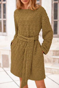 Women's Long Sleeve Dresses   Fall Casual Short Belted Dress Trendy Quilted Outfits with Pockets